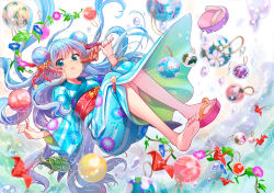 Rule 34 | 1girl, :t, air bubble, animal, barefoot, blue eyes, blue hair, blurry, blush, bubble, chachie, depth of field, eating, feet, floral print, flower, hair bobbles, hair ornament, ikayaki, japanese clothes, kimono, long hair, looking at viewer, marble (toy), matching hair/eyes, morning glory, morning glory print, obi, origami, original, paper crane, platform footwear, sandals, sash, shoes, single shoe, smile, soles, solo, squid, toes, turtle, underwater, unworn sandals, water, yukata