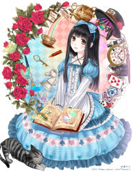 Rule 34 | 1girl, alice (alice in wonderland), alice in wonderland, apron, argyle, argyle background, argyle clothes, artist name, black hair, blue dress, blush, book, bow, brown eyes, bug, butterfly, card, cat, chess piece, clubs, crayon, cup, diamond (shape), dress, english text, flower, hair bow, halterneck, hat, heart, holding, holding book, insect, kazuharu kina, key, lolita fashion, md5 mismatch, original, pencil, playing card, pocket watch, rainbow, red flower, red rose, resolution mismatch, rook (chess), rose, sitting, smile, solo, source larger, spade, teacup, teapot, watch, watermark, web address