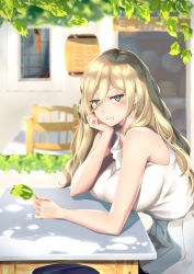 Rule 34 | 1girl, absurdres, alternate costume, bare shoulders, blonde hair, blouse, blue eyes, blurry, blurry background, blush, bracelet, breast rest, breasts, breasts on table, bush, cafe, cafeteria, chair, closed mouth, commentary, curly hair, depth of field, elbow rest, eyes visible through hair, hair between eyes, head on hand, head rest, high-waist skirt, highres, holding, holding leaf, jewelry, kantai collection, large breasts, leaf, leaning forward, long hair, looking at viewer, menu board, mole, mole under eye, mole under mouth, outdoors, plant, pleated skirt, richelieu (kancolle), rinrin kai, shadow, shirt, sidelocks, sitting, skirt, sleeveless, sleeveless shirt, smile, solo, table, white shirt, white skirt, window