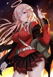 Rule 34 | 1girl, bandage over one eye, belt, between breasts, bison cangshu, breasts, coat, fate/grand order, fate (series), florence nightingale (fate), florence nightingale (third ascension) (fate), gloves, halo, holding, holding syringe, jacket, large breasts, long sleeves, military, military jacket, military uniform, pantyhose, pink hair, pleated skirt, red eyes, skirt, solo, strap between breasts, syringe, uniform, white belt, white gloves, white pantyhose