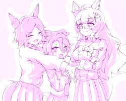 Rule 34 | 3girls, :d, ^ ^, ahoge, animal ears, arms under breasts, biwa hayahide (umamusume), blush, breasts, closed eyes, closed mouth, crossed arms, ears down, glasses, hair between eyes, hair ornament, hairclip, highres, horse ears, horse girl, horse tail, hug, hug from behind, long hair, long sleeves, medium breasts, milch puyo, multiple girls, narita taishin (umamusume), open mouth, outstretched arms, parted bangs, pink theme, pleated skirt, school uniform, semi-rimless eyewear, shirt, skirt, smile, tail, tracen school uniform, umamusume, under-rim eyewear, v-shaped eyebrows, very long hair, winning ticket (umamusume)