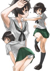 Rule 34 | 10s, 1girl, :3, akiyama yukari, arm up, armpits, ass, black legwear, black neckerchief, blouse, brown eyes, brown footwear, brown hair, clenched hands, closed mouth, commentary, fighting stance, girls und panzer, green skirt, hands on thighs, highres, leaning forward, leg up, light frown, loafers, long sleeves, messy hair, miniskirt, multiple views, neckerchief, ooarai school uniform, open mouth, panties, pleated skirt, school uniform, serafuku, shirt, shoes, short hair, simple background, skirt, smile, socks, sparkle, standing, standing on one leg, thighs, underwear, white background, white panties, white shirt, yamano rita