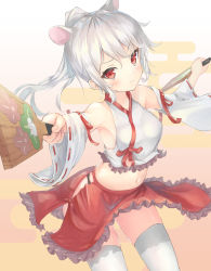 Rule 34 | 1girl, animal ears, arms up, blush, breasts, closed mouth, floating clothes, floating hair, frills, highres, holding, japanese clothes, long hair, looking at viewer, miko, mouse ears, navel, original, parufeito, red eyes, sidelocks, simple background, small breasts, smile, solo, stomach, thighhighs, white hair, white thighhighs