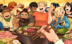 Rule 34 | 6+boys, absurdres, alternate costume, animal ears, beard, blush, brown hair, cat ears, cat girl, character request, chest hair peek, chilchuck tims, chopsticks, circusbythesea, dark-skinned male, dark skin, drinking, dungeon meshi, dwarf, facial hair, feast, food request, food theft, full beard, gradient hair, group picture, hairy, highres, holding, holding chopsticks, izutsumi, kabru, knuckle hair, laughing, long beard, marcille donato, mature male, multicolored hair, multiple boys, mustache, namari (dungeon meshi), party, pectoral cleavage, pectorals, pov, pov hands, senshi (dungeon meshi), shirt, shurou, sideburns stubble, stubble, t-shirt, thick arm hair, thick beard, thick chest hair, thick mustache, very dark skin