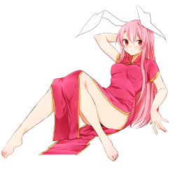 Rule 34 | 1girl, absurdres, alternate costume, animal ears, arm behind head, bare arms, bare legs, barefoot, blush, breasts, rabbit ears, china dress, chinese clothes, dress, fingernails, full body, highres, knees together feet apart, long hair, looking at viewer, medium breasts, pelvic curtain, pink hair, red eyes, reisen udongein inaba, short sleeves, simple background, sitting, solo, toenails, touhou, white background, yukina (masyumaro610)