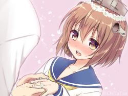 Rule 34 | 10s, 1boy, 1girl, bad id, bad twitter id, blush, brown eyes, brown hair, chika (toumei kousoku), commentary request, dress, flower, hair flower, hair ornament, headgear, inactive account, kantai collection, one-hour drawing challenge, open mouth, sailor dress, school uniform, serafuku, short hair, simple background, solo focus, wedding, yukikaze (kancolle)