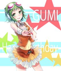 Rule 34 | 1girl, belt, character name, cowboy shot, goggles, goggles on head, green eyes, green hair, gumi, hand on own hip, happy birthday, headphones, highres, matching hair/eyes, minato (shouno), navel, open mouth, skirt, smile, solo, star (symbol), starry background, v, vocaloid