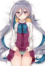 Rule 34 | 10s, 1girl, ahoge, chiune (yachi), clothes lift, cowboy shot, dress, dress lift, grey eyes, grey hair, hair between eyes, kantai collection, kiyoshimo (kancolle), lifted by self, long hair, looking at viewer, low twintails, lying, no legwear, open mouth, panties, pantyshot, shirt, sleeveless, sleeveless dress, solo, twintails, underwear, very long hair, white shirt