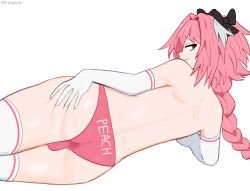 Rule 34 | 1boy, ass, ass grab, astolfo (fate), braid, braided ponytail, bulge, clothes writing, cowboy shot, elbow gloves, fate/apocrypha, fate (series), from behind, gloves, grabbing own ass, highres, long hair, panties, pink hair, pink panties, print panties, profile, purple eyes, simple background, single braid, skindentation, sky guy art, solo, text on panties, thighhighs, trap, underwear, white background, white gloves, white thighhighs