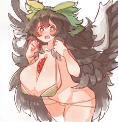 Rule 34 | 1girl, :d, absurdres, alternate costume, bare shoulders, bikini, bird wings, black hair, blush, bow, breasts, bright pupils, cape, chest jewel, cowboy shot, daruia (sabitare), feathered wings, green bikini, green bow, hair bow, hands up, highres, huge breasts, leaning forward, long hair, open mouth, red eyes, reiuji utsuho, simple background, smile, solo, swimsuit, touhou, very long hair, white background, white cape, white pupils, wings