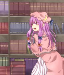 Rule 34 | 1girl, baniko (37003700), book, bookshelf, bow, crescent, dress, female focus, hair bow, hair ribbon, hat, highres, indoors, library, long hair, patchouli knowledge, purple eyes, purple hair, ribbon, solo, touhou, voile