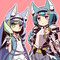 Rule 34 | 2girls, 7th dragon (series), 7th dragon iii, animal ear fluff, animal ears, armor, bare shoulders, black hairband, blue dress, blue hair, blush, breastplate, breasts, brown background, brown eyes, character request, closed mouth, commentary request, dress, green eyes, green hair, hairband, light frown, lucier (7th dragon), multicolored hair, multiple girls, naga u, outline, purple hair, sleeveless, sleeveless dress, small breasts, smile, two-tone hair, white outline