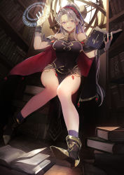 Rule 34 | 1girl, bare legs, bare shoulders, black dress, black gloves, book, book stack, bookshelf, boots, breasts, bridal gauntlets, dress, fire emblem, fire emblem: genealogy of the holy war, fire emblem heroes, foreshortening, gloves, highres, holding, holding book, indoors, large breasts, library, long hair, looking at viewer, looking down, machi wt, nintendo, official alternate costume, open book, open mouth, pelvic curtain, ponytail, purple eyes, purple socks, shelf, silver hair, sleeveless, sleeveless dress, smile, socks, solo, tailtiu (fire emblem), teeth