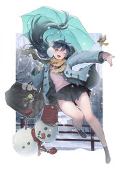 Rule 34 | bird, black hair, blush, border, brown eyes, coat, hair between eyes, hair ornament, highres, long hair, looking at viewer, one eye closed, open clothes, open coat, open mouth, original, outside border, pleated skirt, scarf, school uniform, skirt, snowflake hair ornament, snowflakes, snowman, sweater vest, twinpoo, umbrella, white border