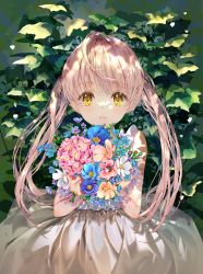 Rule 34 | 1girl, absurdres, bare arms, bare shoulders, blue flower, bouquet, brown hair, commentary, dress, english commentary, flower, hair between eyes, highres, holding, holding bouquet, long hair, looking at viewer, mintchoco (orange shabette), original, parted lips, pink flower, plant, purple flower, sleeveless, sleeveless dress, solo, twintails, very long hair, white dress, white flower, yellow eyes