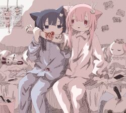 Rule 34 | 2girls, animal ears, arm support, ashi izumo, bedroom, black hair, bleeding, blood, blood on clothes, blue eyes, blush, cat ears, cat girl, cat hair ornament, commentary request, dripping eye, feet out of frame, fork, hair ornament, hatching (texture), highres, holding another&#039;s arm, indoors, jaggy lines, knife, licking arm, licking blood, licking injury, long sleeves, looking at another, multiple girls, on bed, original, pajamas, photo (object), pink eyes, pink hair, rabbit hair ornament, short hair with long locks, sitting, sleeve rolled up, stuffed animal, stuffed toy, tareme, tongue, tongue out, trash can, wrist cutting, yuri