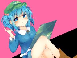 Rule 34 | 1girl, bad id, bad twitter id, blue eyes, blue hair, blush, boots, brown footwear, closed mouth, crossed legs, green hat, hair bobbles, hair ornament, hat, highres, holding, karasusou nano, kawashiro nitori, long hair, long sleeves, looking at viewer, multicolored background, short hair, sitting, solo, thighs, touhou, two-tone background, wrench