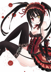 Rule 34 | 1girl, bare shoulders, black hair, breasts, clock eyes, date a live, dress, garter straps, hairband, heterochromia, lolita hairband, looking at viewer, medium breasts, mikan no shiru, open mouth, red dress, red eyes, smile, solo, symbol-shaped pupils, thighhighs, thighs, tokisaki kurumi, twintails, two-tone dress, yellow eyes