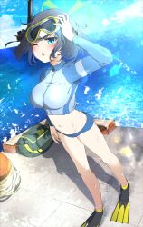 Rule 34 | 1girl, absurdres, adjusting eyewear, arm up, bikini, bikini bottom only, black hair, blue archive, blue bikini, blue sky, blush, breasts, cloud, commentary request, day, diving mask, eyewear on head, flippers, full body, goggles, green bag, green eyes, green halo, halo, highres, large breasts, leglus, long sleeves, medium hair, midriff, navel, ocean, official alternate costume, one eye closed, open mouth, rash guard, saki (blue archive), saki (swimsuit) (blue archive), shadow, sky, solo, standing, swimsuit, wet