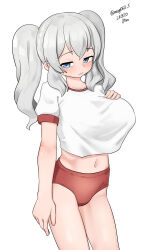 Rule 34 | 1girl, absurdres, alternate costume, blue eyes, breasts, buruma, cowboy shot, grey hair, gym shirt, gym uniform, highres, kantai collection, kashima (kancolle), large breasts, long hair, looking at viewer, maru (marg0613), navel, one-hour drawing challenge, red buruma, shirt, short sleeves, simple background, solo, t-shirt, twintails, wavy hair, white background, white shirt