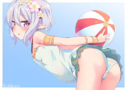 Rule 34 | 1girl, ass, ball, bare shoulders, beachball, bent over, blue background, blush, breasts, brown eyes, cameltoe, chestnut mouth, commentary request, covered erect nipples, flower, green one-piece swimsuit, grey hair, hair between eyes, hair flower, hair ornament, holding, holding ball, kokkoro (princess connect!), kokkoro (summer) (princess connect!), one-piece swimsuit, parted lips, pink flower, pizanuko, pointy ears, princess connect!, small breasts, solo, swimsuit, two-tone background, white background, yellow flower