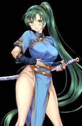 Rule 34 | 1girl, bare legs, black background, black gloves, blue dress, blush, breasts, brown sash, dress, earrings, embarrassed, female focus, fighting stance, fingerless gloves, fire emblem, fire emblem: the blazing blade, gloves, green eyes, green hair, high ponytail, highres, holding, holding sword, holding weapon, jewelry, large breasts, legs, legs apart, long hair, looking at viewer, lyn (fire emblem), neck, nintendo, open mouth, panties, pelvic curtain, ponytail, ponytail korosuke, ready to draw, sash, serious, sheath, sheathed, short sleeves, side slit, simple background, solo, standing, sword, thighs, underwear, v-shaped eyebrows, very long hair, weapon, weapon on back