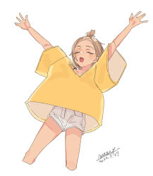 Rule 34 | 1girl, arms up, bangs pinned back, blush, brown hair, closed eyes, cropped legs, dated, maze (gochama ze gohan), open mouth, original, outstretched arms, oversized clothes, oversized shirt, shirt, shorts, signature, simple background, solo, spread arms, topknot, white background, white shorts, yellow shirt