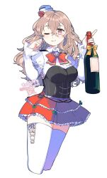 Rule 34 | 1girl, alcohol, blush, bottle, breasts, brown eyes, corset, drunk, eto (etonomemo1008), grey hair, hair between eyes, hat, highres, holding, holding bottle, kantai collection, large breasts, long hair, long sleeves, looking at viewer, mini hat, one eye closed, pola (kancolle), red skirt, shirt, skirt, smile, solo, thick eyebrows, thighhighs, tilted headwear, wavy hair, white background, white shirt, white thighhighs, wine, wine bottle