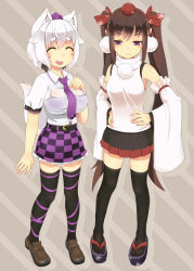 Rule 34 | 1 mutsuki, 2girls, animal ears, black legwear, blush, bra, breast envy, breasts, brown hair, checkered clothes, checkered skirt, cosplay, costume switch, detached sleeves, dress shirt, fang, hair ribbon, hat, himekaidou hatate, himekaidou hatate (cosplay), inubashiri momiji, inubashiri momiji (cosplay), large breasts, loafers, long hair, multiple girls, necktie, purple eyes, ribbon, sandals, see-through, shirt, shoes, skirt, smile, tail, thighhighs, tokin hat, touhou, twintails, underwear, white hair, wolf ears, wolf tail, zettai ryouiki