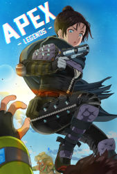 Rule 34 | 1boy, 1girl, 1other, airborne, ambiguous gender, animification, apex legends, apmix, b3 wingman, black bodysuit, black gloves, black hair, black scarf, bloodhound (apex legends), blue eyes, bodysuit, breasts, brown hair, cable, chromatic aberration, copyright name, crypto (apex legends), falling, fingerless gloves, gloves, goggles, green jacket, gun, hair behind ear, handgun, highres, holding, holding gun, holding weapon, jacket, mask, medium breasts, parted bangs, rebreather, revolver, scarf, weapon, wraith (apex legends)