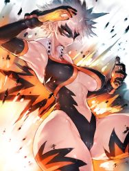 Rule 34 | 1girl, armpits, arms up, bakugou katsuki, black mask, blonde hair, boku no hero academia, breasts, center opening, cleavage, clenched teeth, covered erect nipples, debris, elbow gloves, explosion, fumio (rsqkr), genderswap, genderswap (mtf), gloves, highres, hip bones, large breasts, leotard, lips, looking at viewer, mask, navel, red eyes, short hair, skin tight, solo, spiked hair, teeth, thick thighs, thighs, toned, underboob