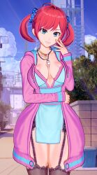 Rule 34 | 1girl, 3d, blue eyes, cloud, collar, digimon, digimon story: cyber sleuth, female focus, hair ornament, hairpin, jacket, long hair, red hair, shiramine nokia, sky, solo, twintails