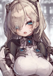 Rule 34 | 1girl, asymmetrical bangs, blue eyes, blush, bodysuit, breasts, bridal gauntlets, fang, grey hair, hair ornament, hair over one eye, heart, heart-shaped pupils, highres, large breasts, long hair, looking at viewer, open mouth, original, solo, suzuno (bookshelf), symbol-shaped pupils, twintails, upper body