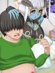 Rule 34 | 1boy, 1girl, bare shoulders, black hair, black sclera, blue skin, blush, breast rest, breasts, butakoma 300g, censored, cleavage cutout, clothing cutout, colored sclera, colored skin, demon girl, detached sleeves, fingernails, green shirt, hair between eyes, hair over eyes, hand on head, heart, highres, horns, indoors, lace, large breasts, long hair, looking at viewer, open mouth, penis, poster (medium), pyurachri, shirt, short hair, sleeves past wrists, sweat, tissue, white hair, yellow eyes, zipper