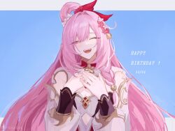 1girl bell blue_background breasts cleavage dated elf elysia_(herrscher_of_human:_ego)_(honkai_impact) elysia_(honkai_impact) elysia_(peachy_spring)_(honkai_impact) flower hair_bell hair_bun hair_flower hair_ornament happy_birthday highres honkai_(series) long_hair long_sleeves pink_hair pointy_ears puffy_long_sleeves puffy_sleeves smile upper_body very_long_hair weeiskaw