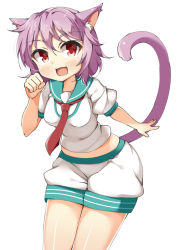 Rule 34 | 10s, 1girl, :d, animal ears, bad id, bad pixiv id, blush, cat ears, cat tail, cowboy shot, fang, kankitsunabe (citrus), kantai collection, leaning forward, necktie, open mouth, paw pose, pink hair, red eyes, sailor, sailor collar, school uniform, serafuku, short hair, smile, solo, tail, tama (kancolle), white background