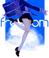 Rule 34 | 1girl, bad id, bad pixiv id, bag, black skirt, blue shirt, blue sky, brown footwear, buttons, cloud, day, double-breasted, english text, eraser, head out of frame, highres, kneehighs, leg up, loafers, long hair, long sleeves, md5 mismatch, nail polish, navel, original, outstretched arm, over shoulder, pen, pencil, pencil case, pillarboxed, pink hair, pleated skirt, prophet chu, school bag, school uniform, shirt, shoes, skirt, sky, sleeve cuffs, socks, solo, stomach, text focus, thighs, unzipped, very long hair, white socks, zipper