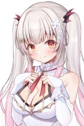Rule 34 | 1girl, bare shoulders, breasts, bridal gauntlets, cleavage, closed mouth, commentary request, daysss, dress, elbow gloves, flower, gloves, gradient hair, grey hair, hair flower, hair ornament, hands on own chest, headgear, highres, impossible clothes, impossible dress, indie virtual youtuber, long hair, looking at viewer, medium breasts, multicolored hair, neck ribbon, pink hair, ribbon, sidelocks, simple background, smile, solo, suou patra, twintails, upper body, virtual youtuber, white background, white dress, white gloves