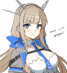 Rule 34 | 1girl, absurdres, bigkwl, blue bow, blue bowtie, blue eyes, blue necktie, bow, bowtie, breasts, capelet, cleavage, dated, detached collar, dress, grey capelet, headgear, highres, kantai collection, large breasts, light brown hair, low twintails, maryland (kancolle), necktie, simple background, solo, strapless, strapless dress, twintails, twitter username, white background