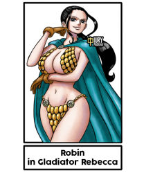 Rule 34 | 1girl, armor, artist name, bikini armor, black hair, breasts, cape, cleavage, cosplay, covered erect nipples, curvy, english text, gladiator, hanging breasts, iury padilha, large breasts, long hair, low ponytail, navel, nico robin, one piece, rebecca (one piece), rebecca (one piece) (cosplay), revealing clothes, smile, standing, very long hair, white background, wide hips