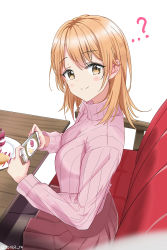 Rule 34 | 1girl, ?, black pantyhose, blonde hair, blush, cellphone, closed mouth, from above, from side, hair between eyes, highres, holding, holding phone, isshiki iroha, long hair, long sleeves, looking at viewer, miniskirt, nonbire, pantyhose, phone, pink skirt, pink sweater, pleated skirt, ribbed sweater, shiny clothes, shiny legwear, simple background, sitting, skirt, smartphone, smile, solo, sweater, taking picture, turtleneck, turtleneck sweater, twitter username, white background, yahari ore no seishun lovecome wa machigatteiru., yellow eyes