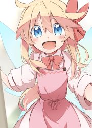 Rule 34 | 1girl, :d, apron, blonde hair, blush, bow, bowtie, eyes visible through hair, fairy wings, hair between eyes, hair bow, highres, lily white, long hair, looking at viewer, no headwear, open mouth, pink apron, red bow, red bowtie, smile, solo, touhou, wings, yutamaro