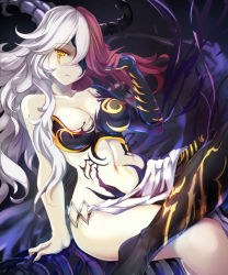 Rule 34 | 1girl, breasts, cleavage, demon horns, glowing, hair over one eye, hel (p&amp;d), highres, horns, large breasts, looking at viewer, multicolored hair, navel, pink hair, puzzle &amp; dragons, silver hair, sitting, solo, suoni (deeperocean), two-tone hair, yellow eyes