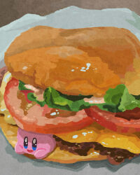 Rule 34 | bread, burger, cheese, commentary, fast food, food, food focus, highres, in food, kirby, kirby (series), lettuce, meat, miclot, nintendo, no humans, tomato, tomato slice