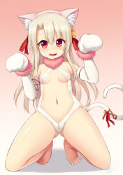 Rule 34 | 1girl, animal ears, animal hands, bell, blush, breasts, cat ears, cat tail, covered erect nipples, dangeroes beast (illya), elbow gloves, fate/kaleid liner prisma illya, fate (series), gloves, gradient background, grey hair, hair bell, hair ornament, hands up, illyasviel von einzbern, jingle bell, leotard, long hair, looking at viewer, navel, official alternate costume, open mouth, red eyes, red ribbon, revealing clothes, ribbon, small breasts, smile, solo, tail, tail ornament, tail ribbon, teeth, thick thighs, thighs, victor (tama e akira), white gloves, white leotard