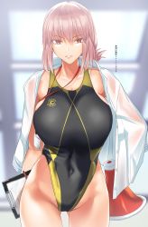 Rule 34 | 1girl, bare shoulders, black one-piece swimsuit, blurry, blurry background, braid, breasts, clipboard, collarbone, competition swimsuit, covered navel, dress shirt, fate/grand order, fate (series), florence nightingale (fate), folded ponytail, gachou, highleg, highleg swimsuit, hip focus, lanyard, large breasts, long hair, looking at viewer, megaphone, one-piece swimsuit, open clothes, open shirt, parted lips, pen, pink hair, shirt, shirt on shoulders, single braid, solo, swimsuit, thighs, two-tone swimsuit, white shirt, yellow one-piece swimsuit