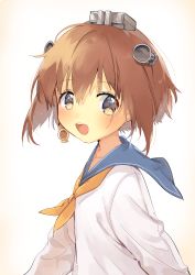 Rule 34 | 10s, 1girl, :d, absurdres, binoculars, blush, breasts, brown eyes, brown hair, dress, from side, hair between eyes, headgear, highres, kantai collection, light particles, long sleeves, looking at viewer, matching hair/eyes, neckerchief, open mouth, sailor collar, sailor dress, short hair, small breasts, smile, solo, white background, yellow neckerchief, yukikaze (kancolle), zuho (vega)