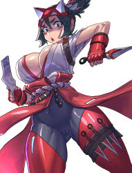 Rule 34 | 1girl, alternate breast size, black hair, black leggings, breasts, cameltoe, cleavage, cleft of venus, covered navel, dual wielding, facepaint, facial mark, fingerless gloves, fingernails, fox mask, from below, gamjasssak, gloves, gluteal fold, hakama, hakama skirt, half mask, highres, holding, huge breasts, japanese clothes, kimono, kiriko (overwatch), kunai, leggings, looking at viewer, mask, mask on head, ninja, no bra, ofuda, overwatch, overwatch 2, pelvic curtain, plunging neckline, red gloves, reverse grip, revision, rope belt, sideburns, skirt, solo, thick thighs, thighs, topknot, weapon, whisker markings, white kimono