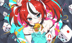 Rule 34 | 1girl, ?, animal ears, bare shoulders, black collar, black hair, blue eyes, cheese, collar, crop top, detached sleeves, dice, eating, ememo, food, hakos baelz, hololive, hololive english, long sleeves, looking at viewer, mouse ears, mouse girl, mouse on head, mouse tail, mousetrap, mr. squeaks (hakos baelz), multicolored background, multicolored hair, off-shoulder shirt, off shoulder, red hair, ribbon, shirt, solo, spiked collar, spikes, strapless, strapless shirt, streaked hair, tail, tail ornament, tail ribbon, twintails, virtual youtuber, white hair
