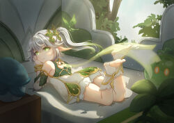 Rule 34 | 1girl, absurdres, arm support, ass, bloomers, blurry, bracelet, cape, commentary request, crystalfly (genshin impact), depth of field, detached sleeves, feet, from behind, genshin impact, gradient hair, green eyes, hair between eyes, hair ornament, head rest, heitang bing zi, highres, jewelry, leaf hair ornament, long hair, looking at viewer, looking back, lying, multicolored hair, nahida (genshin impact), on stomach, pointy ears, short sleeves, side ponytail, sidelocks, smile, solo, stirrup legwear, sunlight, symbol-shaped pupils, the pose, toeless legwear, toes, two-tone hair, underwear, white bloomers, white hair, wind